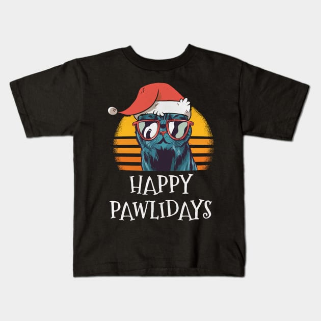 Happy Pawlidays Cat Christmas New Year Kids T-Shirt by funkyteesfunny